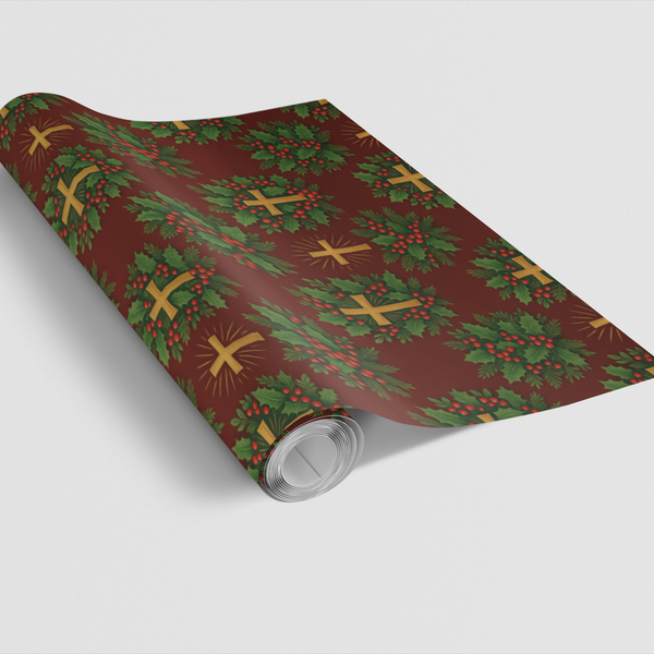 Holly Berry Christmas Gift Wrap, Gold Cross Wrapping Paper, Religious Christmas Wrapping Paper, Christian Holiday Gift Wrap P
