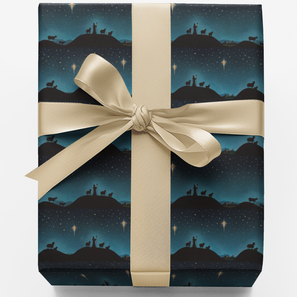 Starry Night Christmas Gift Wrap, Nativity Shepherd Gift Wrapping Paper, Holy Night Religious Wrapping Paper