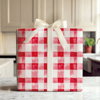 Watercolor Plaid Gift Wrap, Red Gingham Wrapping Paper, Rustic Check Wrapping Paper, Holiday Gift Wrap Roll, Christmas Present Paper