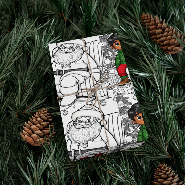 Black Boy and Santa Gift Wrap, Color Your Own Christmas Wrapping Paper, DIY Holiday Coloring Wrapping Paper, Kids Christmas W