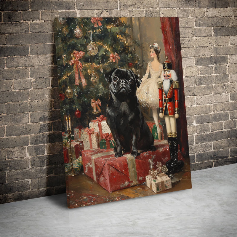Nutcracker and Ballerina Canvas Print, Black Pug Christmas Canvas Wall Art, Holiday Dog Wall Decor, Festive Black Pug Canvas, Dog Lover Present