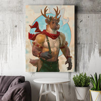 Muscular Christmas Fantasy Canvas Print, Anthropomorphic Reindeer Canvas Wall Art, Unique Holiday Art Print, Winter Season Wall Decor Present
