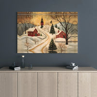 Folk Art Snowy Church Canvas, Winter Christmas Village Canvas Wall Art, Christmas Village Canvas Print, Festive Holiday Wall Art Decor