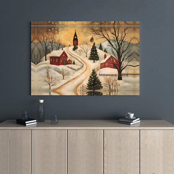 Snowy Church Christmas Canvas Print, Winter Christmas Village Canvas Wall Art, Folk Art Christmas Wall Art, Digital Download 