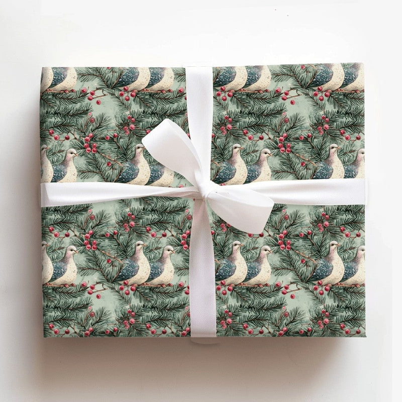 Pine Berry Watercolor Gift Wrap, Two Turtle Doves Christmas Wrapping Paper, Vintage Holiday Wrapping Paper, Elegant Winter Present Packaging