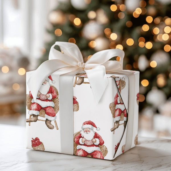 Watercolor Santa in Chair Wrapping Paper, Comfy Santa Wrapping Paper, Rustic Holiday Christmas Wrapping Paper, Festive Gift W
