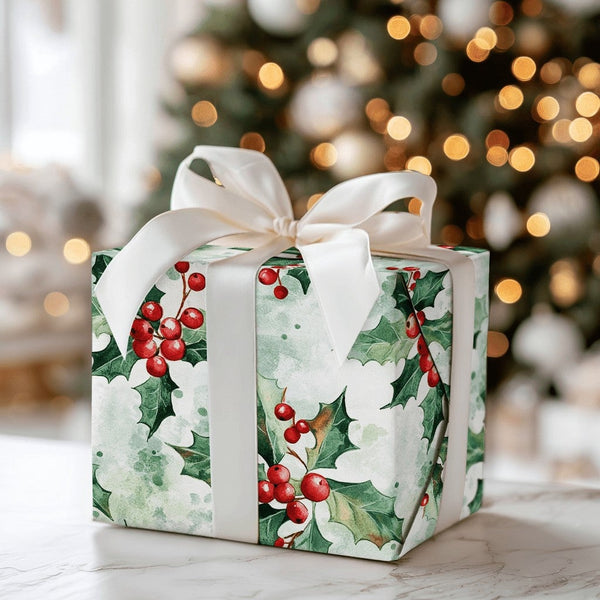 Botanical Christmas Gift Wrap, Watercolor Holly Berries Wrapping Paper, Vintage Holiday Leaves Wrapping Paper, Elegant Winter