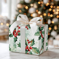 Botanical Christmas Gift Wrap, Watercolor Holly Berries Wrapping Paper, Vintage Holiday Leaves Wrapping Paper, Elegant Winter Present Wrap