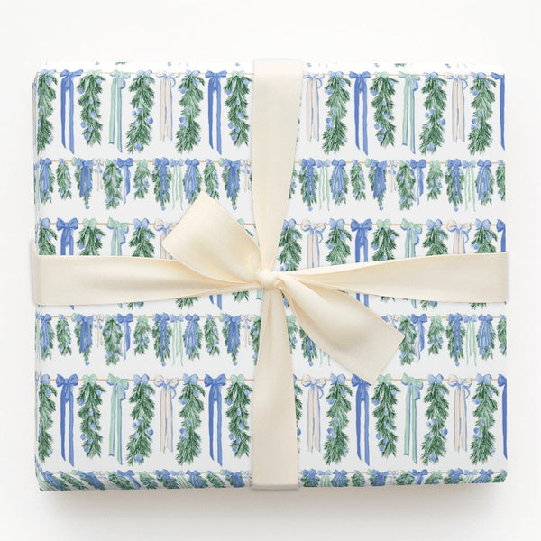 Blue Bows Christmas Gift Wrap, Watercolor Pine Garland Wrapping Paper, 90 GSM Fine Art Paper, Holiday Present Wrapping Paper 