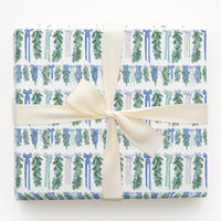 Blue Bows Christmas Gift Wrap, Watercolor Pine Garland Wrapping Paper, 90 GSM Fine Art Paper, Holiday Present Wrapping Paper Roll