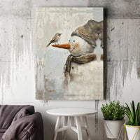 Adorable Winter Bird Canvas Print, Whimsical Snowman Canvas Wall Art, Holiday Snowman Canvas Art, Festive Farmhouse Wall Decor, Christmas Present