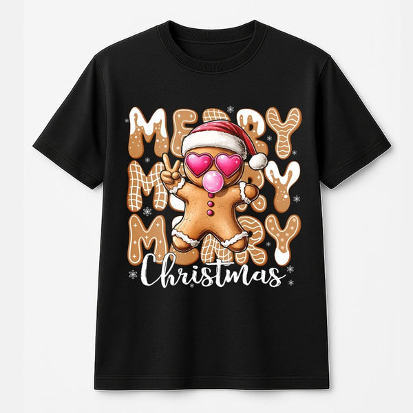 Retro Bubblegum Gingerbread Tee, Gingerbread Man Christmas T-Shirt, Adorable Heart Glasses Shirt, Festive Holiday Graphic Tee
