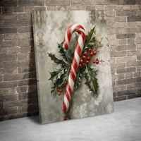 Holly Berries Botanical Print, Vintage Christmas Candy Cane Canvas Wall Art, Festive Holiday Wall Decor, Retro Seasonal Xmas Canvas