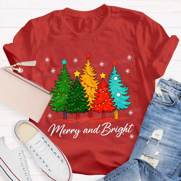 Colorful Holiday Graphic Tee, Merry and Bright Christmas Tree T-Shirt, Festive Xmas Tree Shirt, Retro Christmas Tee, Holiday 