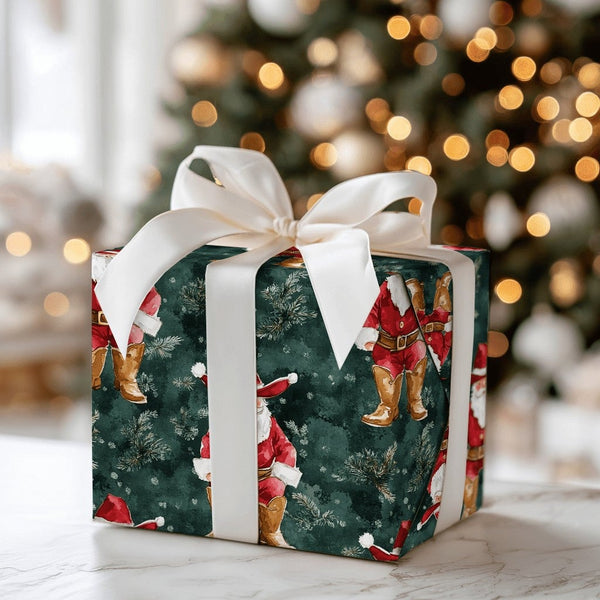 Green Country Western Gift Wrap, Cowboy Santa Christmas Wrapping Paper, Rustic Cowboy Boots Santa Wrapping Paper, Holiday Gif