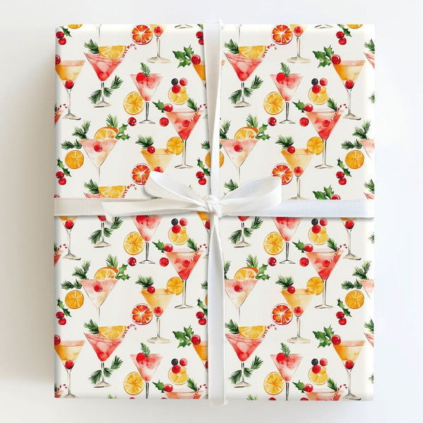 Holiday Martini Drink Gift Wrap, Christmas Cocktail Wrapping Paper, Festive Watercolor Alcohol Wrapping Paper, Party Season G