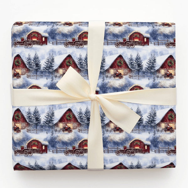 Rustic Country Wrapping Paper, Vintage Red Barn Christmas Wrapping Paper, Farmhouse Winter Gift Wrap, Snowy Holiday Wrapping 