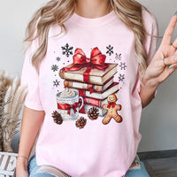 Holiday Book Stack Graphic T-Shirt, Christmas Book Lover T-Shirt, Gingerbread Coffee Reader T-Shirt, Comfy Bookish Christmas Tee Present