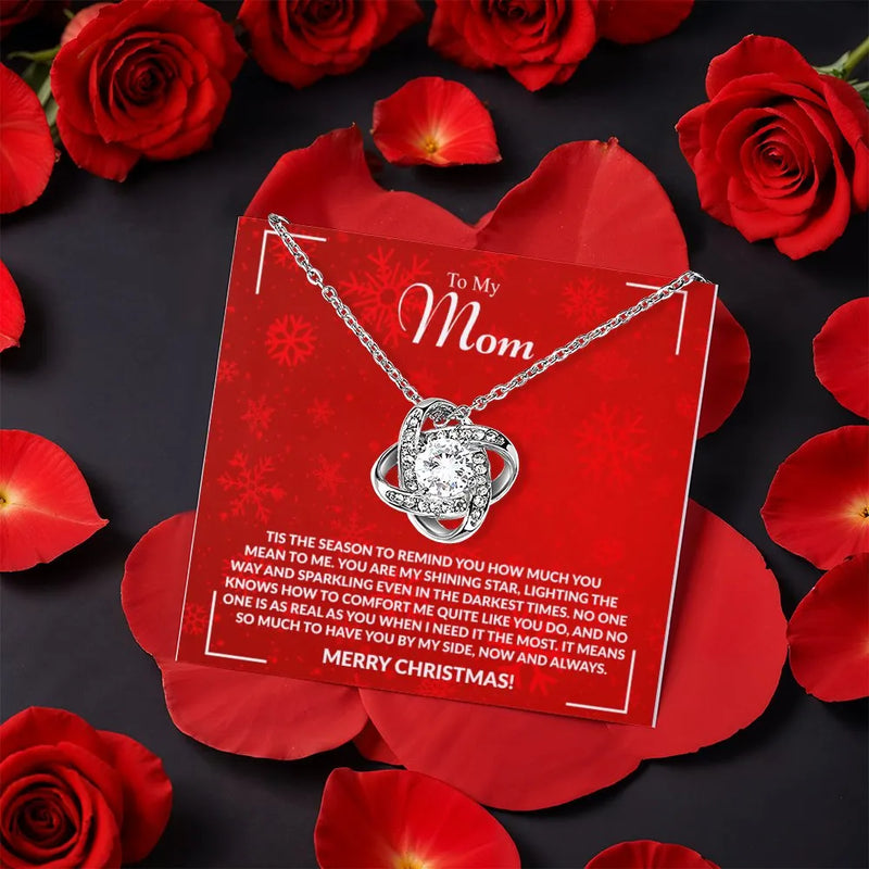 Christmas Mother Pendant Necklace, Love Knot Necklace for Mom, Sparkling CZ Crystal Knot Necklace, Gold Jewelry Present, Xmas Present for Mom