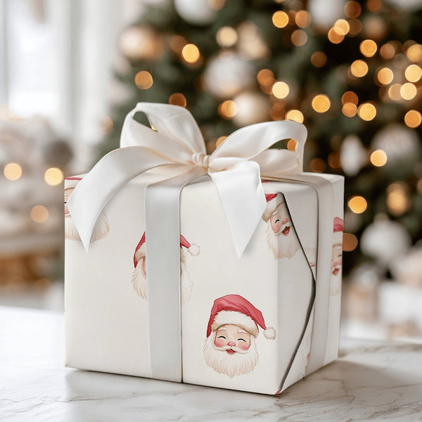 Adorable Santa Face Holiday Gift Wrap, Watercolor Santa Claus Wrapping Paper, Cream Christmas Wrapping Paper, Whimsical Holid