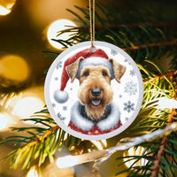 Festive Santa Hat Ceramic Ornament, Airedale Terrier Dog Christmas Ornament, Holiday Pet Keepsake Tree Ornament, Dog Lover Present