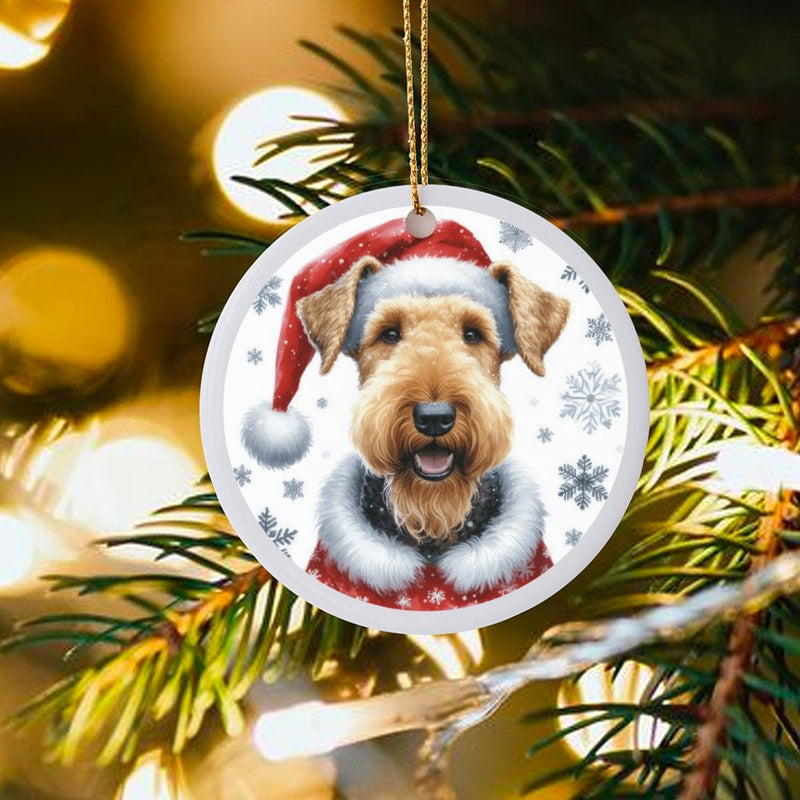 Festive Santa Hat Ceramic Ornament, Airedale Terrier Dog Christmas Ornament, Holiday Pet Keepsake Tree Ornament, Dog Lover Present
