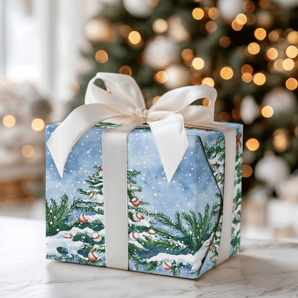Snowy Tree Sports Gift Wrap, Baseball Christmas Tree Wrapping Paper, Tropical Holiday Wrapping Paper, Baseball Ornament Wrapp