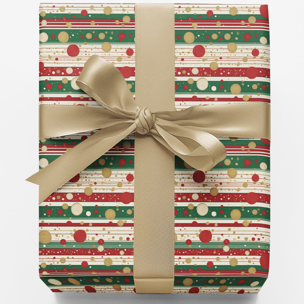 Candy Cane Stripe Gift Wrap, Christmas Wrapping Paper, Red Green Gold Polka Dot Holiday Paper, Festive Present Wrap, Seasonal