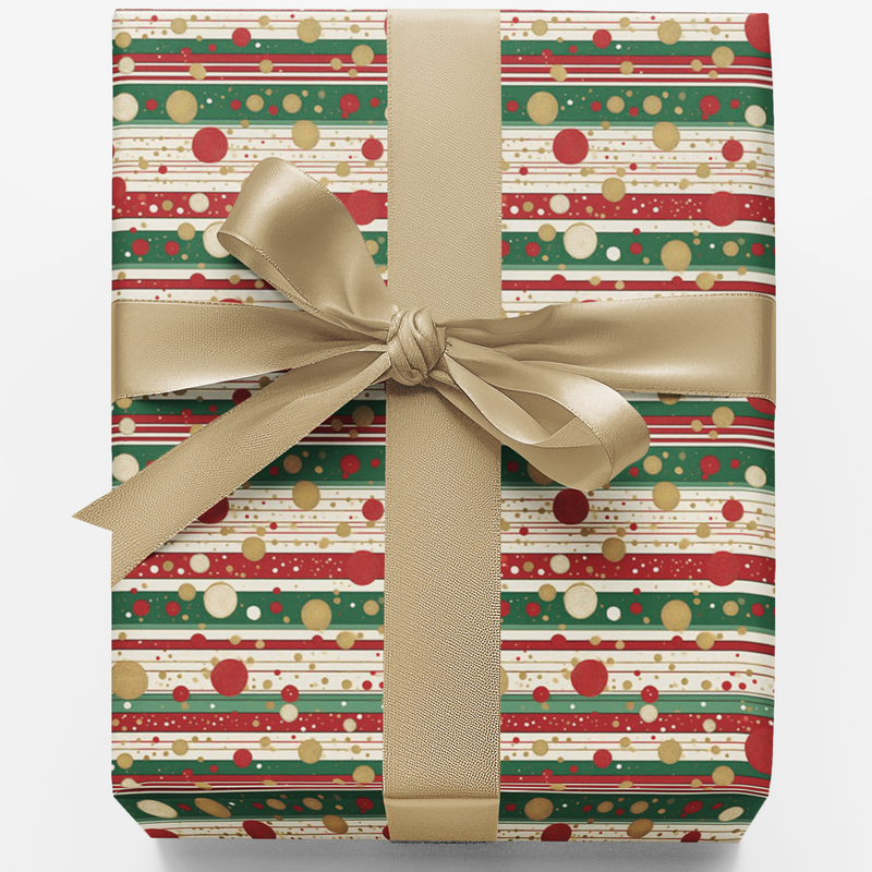 Candy Cane Stripe Gift Wrap, Christmas Wrapping Paper, Red Green Gold Polka Dot Holiday Paper, Festive Present Wrap, Seasonal Roll