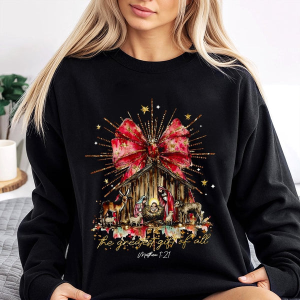 The Greatest Present of All Sweater, Nativity Christmas Sweatshirt, Christian Faith Holiday Crewneck, Religious Christmas Pul