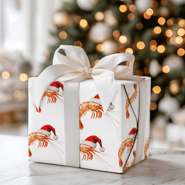 Humorous Santa Hat Seafood Gift Wrap, Christmas Shrimp Wrapping Paper, Coastal Holiday Wrapping Paper, Humorous Ocean Festive