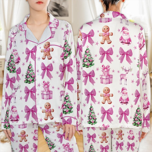Gingerbread Santa Pajamas, Pink Christmas Satin Pajama Set, Long Sleeve Button Up Sleepwear, Festive Holiday Lounge Set, Xmas