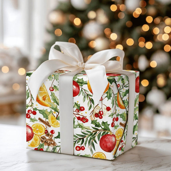 Orange Slice Christmas Gift Wrap, Watercolor Citrus Holly Wrapping Paper, Botanical Pinecone Wrapping Paper, Holiday Present 