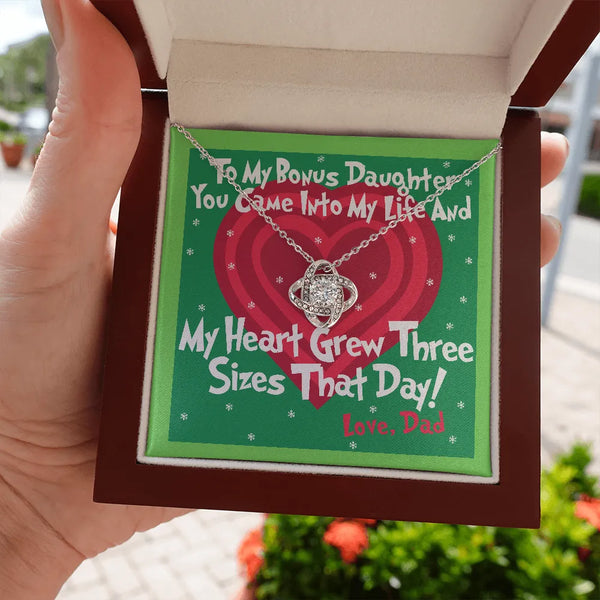 Stepdaughter Pendant Necklace, Bonus Daughter Love Knot Necklace, Christmas Message Card Knot Necklace, Present for Stepdaugh