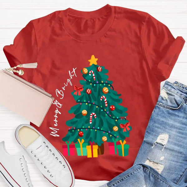 Retro Festive Holiday Graphic Tee, Merry and Bright Christmas Tree T-Shirt, Adorable Xmas Tree Shirt, Winter Holiday Present