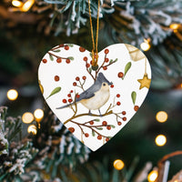 Winter Berries Ceramic Ornament, Watercolor Titmouse Bird Heart Ornament, Nature Lover Christmas Tree Ornament, Holiday Keepsake Present