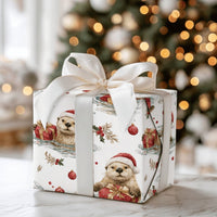 Santa Hat Sea Otter Gift Wrap, Christmas Otter Wrapping Paper, Adorable Animal Holiday Wrapping Paper, Watercolor Winter Present Gift Wrap