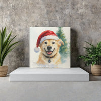 Watercolor Santa Hat Pet Portrait Poster, Golden Retriever Christmas Dog Wall Art, Snowy Holiday Art Print, Dog Mom Digital Download