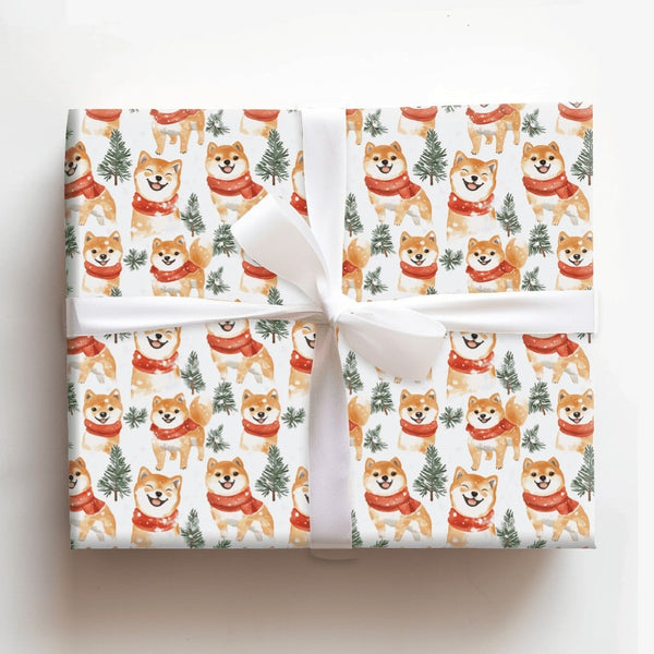 Red Scarf Dog Gift Wrap Paper, Shiba Inu Christmas Wrapping Paper, Winter Pine Tree Present Paper, Adorable Pet Lover Holiday