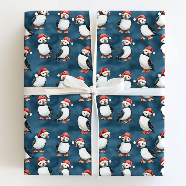 Adorable Santa Hat Bird Gift Wrap, Christmas Puffin Wrapping Paper, Teal Winter Holiday Wrapping Paper, Coastal Nature Lover 