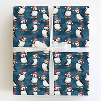 Adorable Santa Hat Bird Gift Wrap, Christmas Puffin Wrapping Paper, Teal Winter Holiday Wrapping Paper, Coastal Nature Lover Holiday Gift Wrap