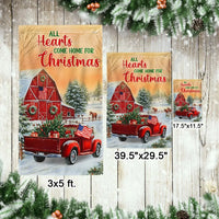 Red Truck Barn Holiday Flag, Farmhouse Christmas Garden Flag, All Hearts Come Home Winter Flag, Rustic Americana Yard Flag Decor