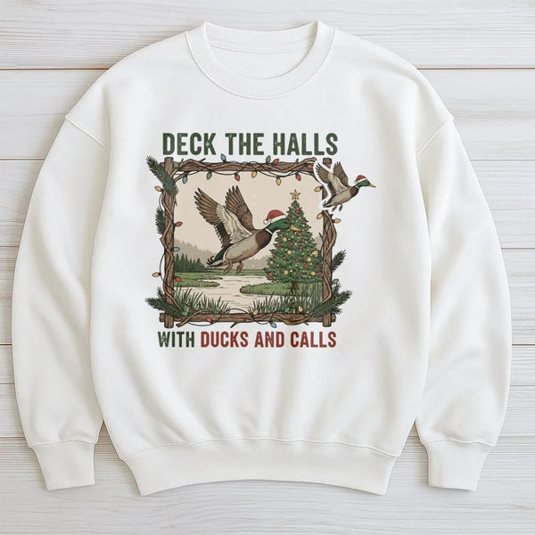Deck the Halls Mallard Crewneck, Duck Hunting Christmas Sweatshirt, Humorous Hunter Holiday Sweater, Outdoor Wildlife Xmas Pu
