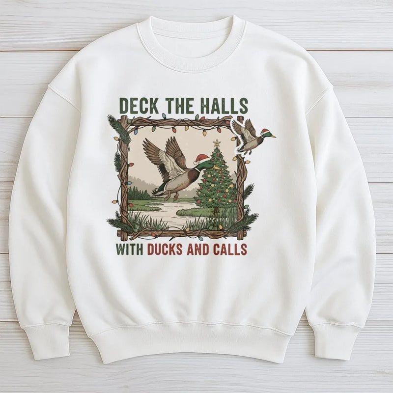 Deck the Halls Mallard Crewneck, Duck Hunting Christmas Sweatshirt, Humorous Hunter Holiday Sweater, Outdoor Wildlife Xmas Pullover Present