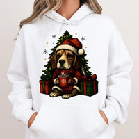 Adorable Santa Hat Puppy Holiday Hoodie, Beagle Christmas Hoodie, Dog Lover Xmas Graphic Pullover, Winter Animal Lover Hooded Sweatshirt