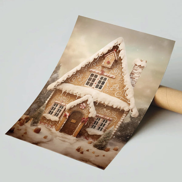 Vintage Christmas Holiday Poster, Gingerbread House Wall Art, Watercolor Winter Village Art Print, Comfy Xmas Home Decor Pres