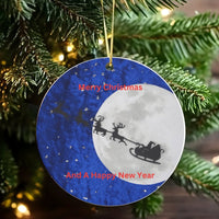 Full Moon Reindeer Silhouette Ornament, Santa Sleigh Christmas Ornament, Glossy Ceramic Tree Ornament, Holiday Keepsake Decoration