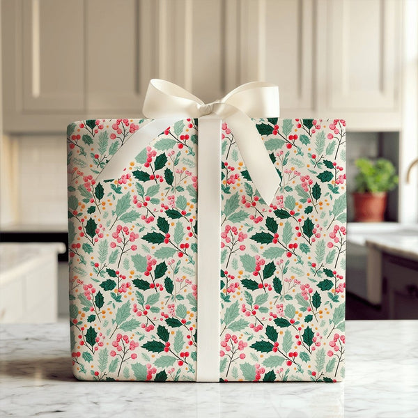 Botanical Greenery Gift Wrap, Christmas Holly Berry Wrapping Paper, Traditional Holiday Wrapping Paper, Classic Winter Gift W