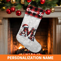 Snowman Buffalo Plaid Stocking, Personalized Monogram M Christmas Stocking, Custom Initial Holiday Stocking, Velboa Mantle Decor, Kids Present