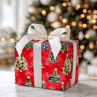 Colorful Star Tree Wrapping Paper, Watercolor Christmas Tree Wrapping Paper, Red Holiday Gift Wrap, Festive Present Wrapping Paper